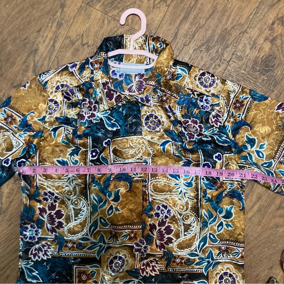 Vintage polyester button up collared shirt long puff sleeve floral design sz14 - Picture 3 of 16